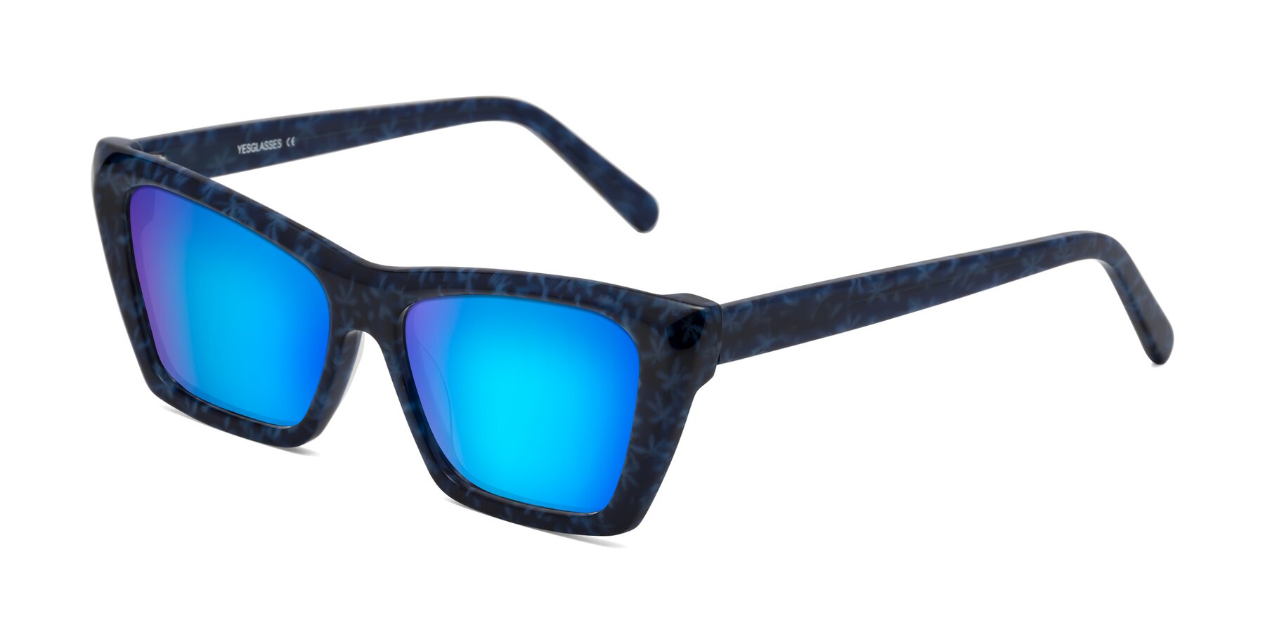 Angle of Khoi in Blue Snowflake with Blue Mirrored Lenses