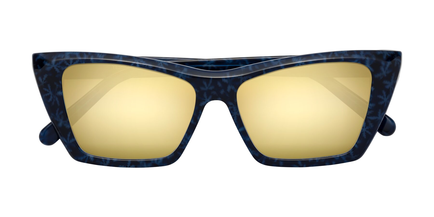 Folded Front of Khoi in Blue Snowflake with Gold Mirrored Lenses