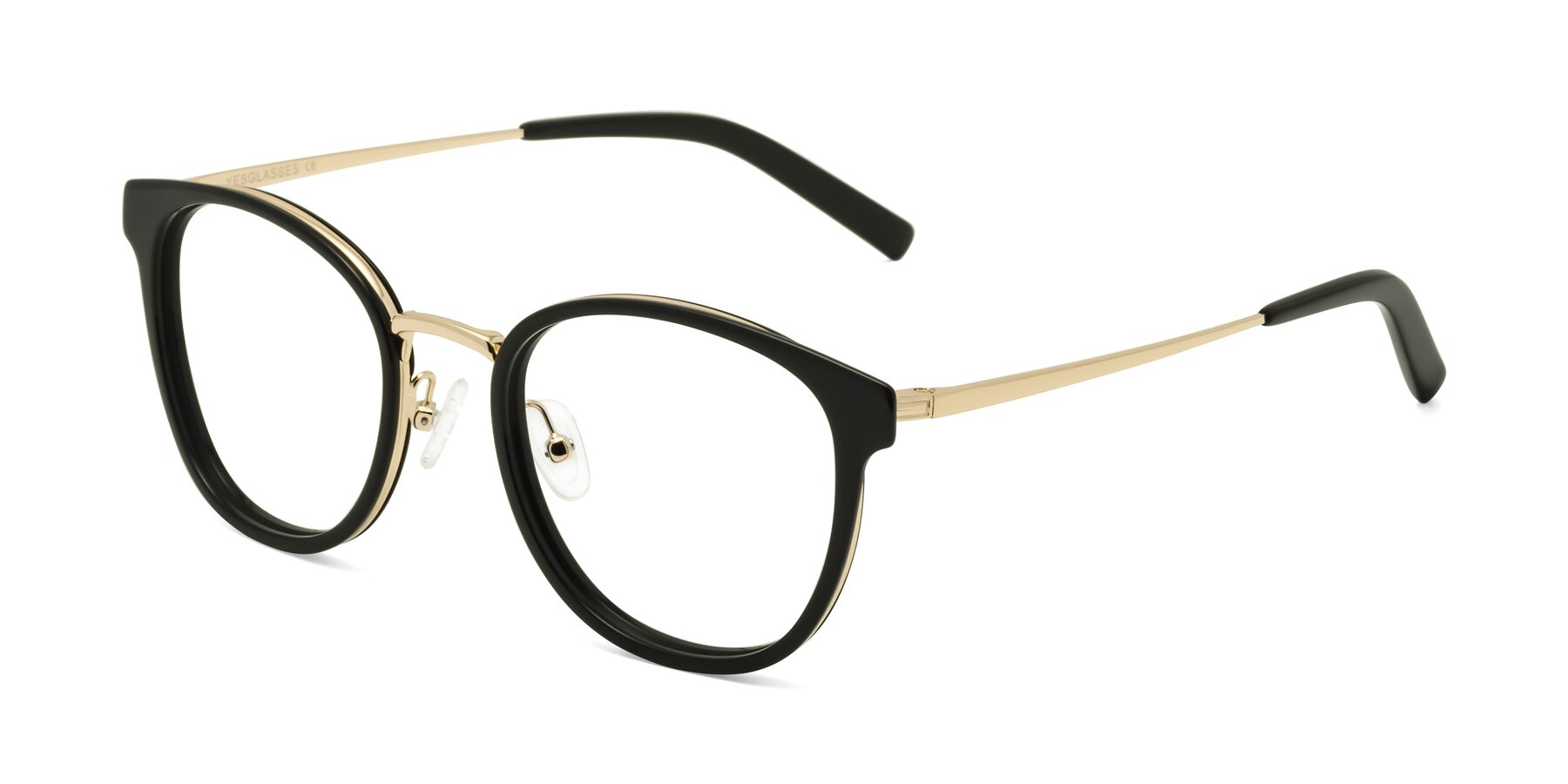 Angle of Callie in Black-Gold with Clear Reading Eyeglass Lenses