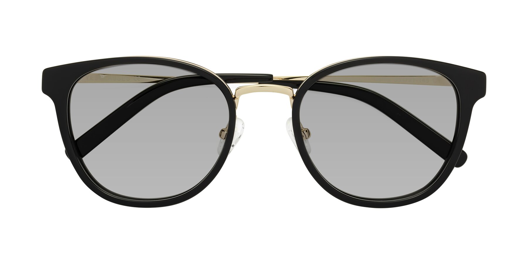 Folded Front of Callie in Black-Gold with Light Gray Tinted Lenses