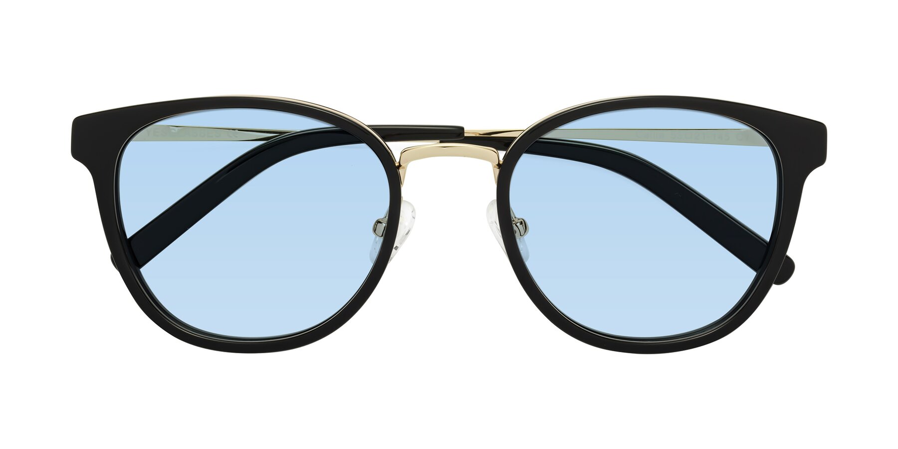 Folded Front of Callie in Black-Gold with Light Blue Tinted Lenses