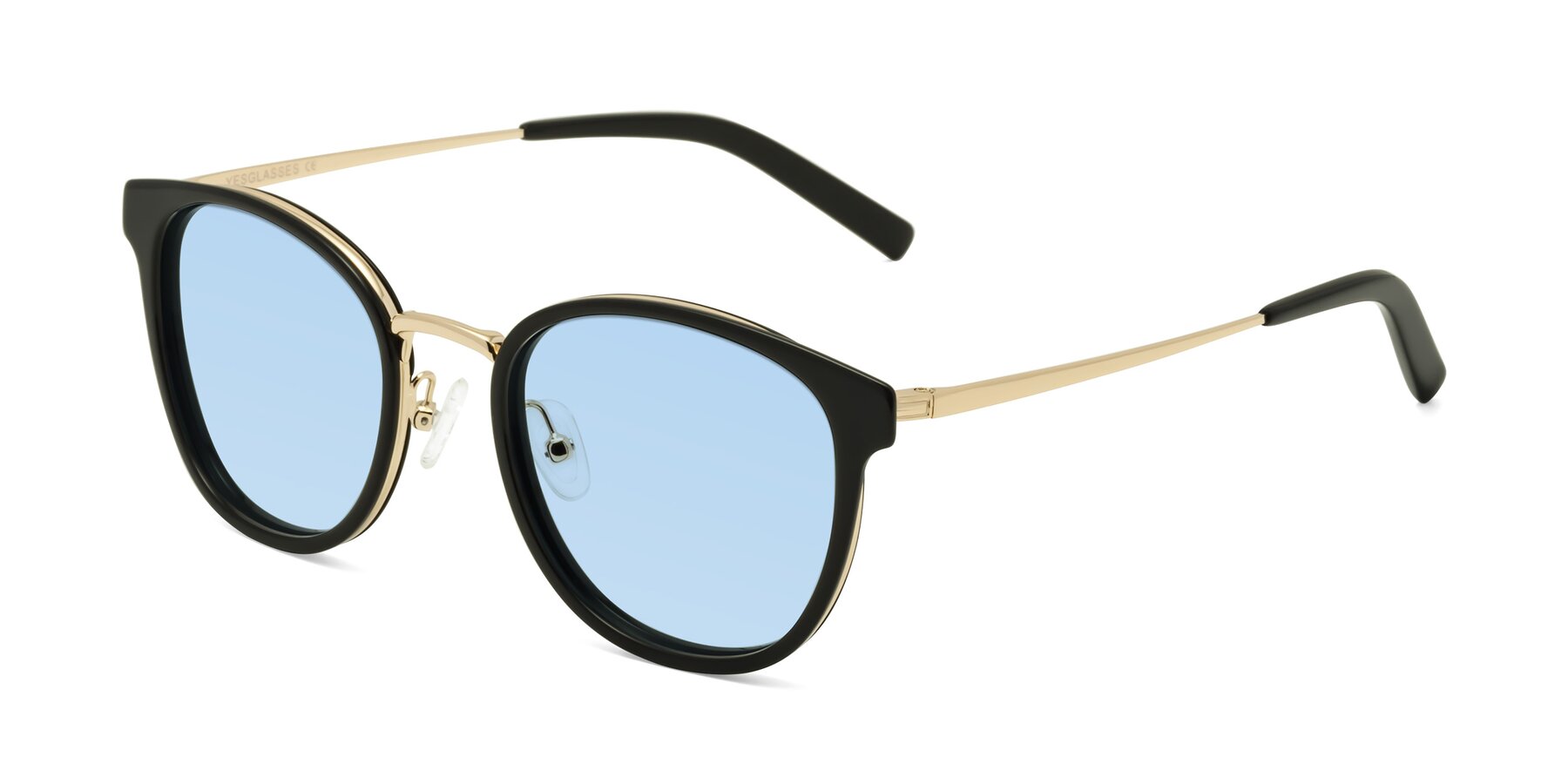 Angle of Callie in Black-Gold with Light Blue Tinted Lenses