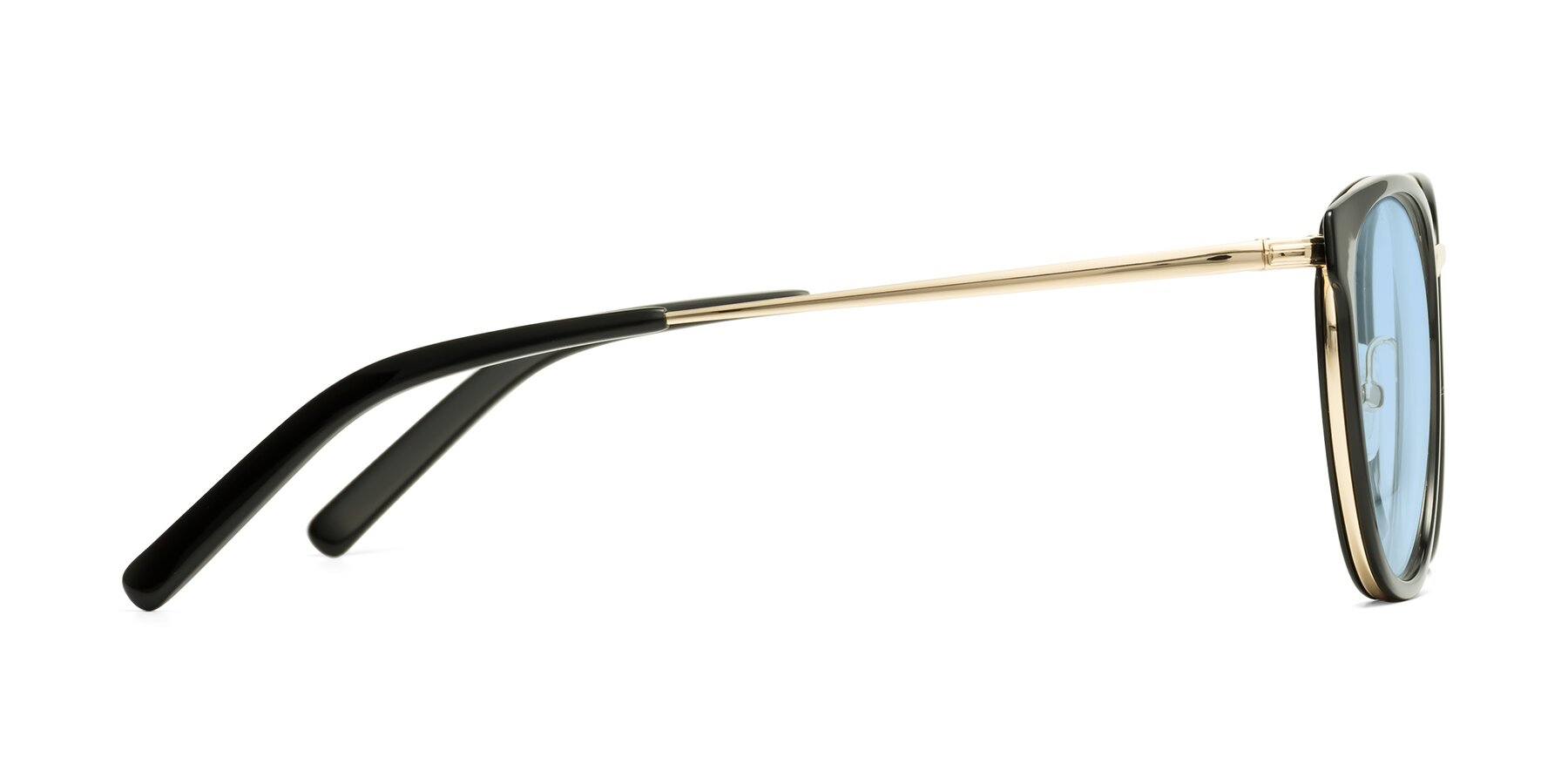 Side of Callie in Black-Gold with Light Blue Tinted Lenses