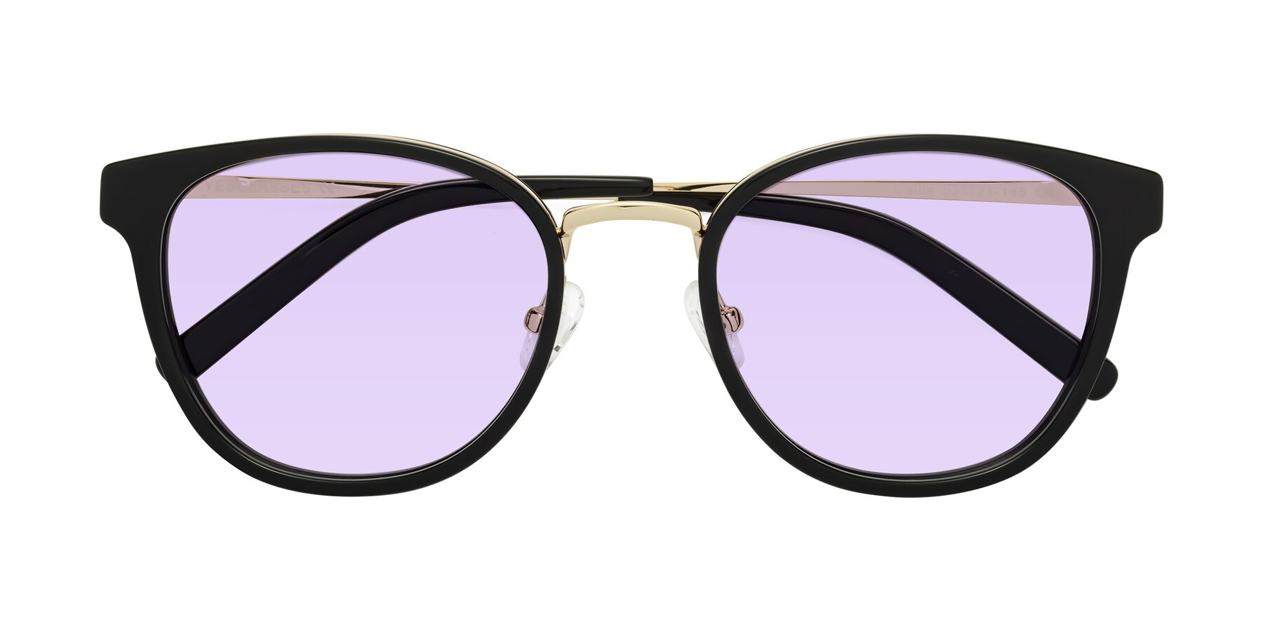 Folded Front of Callie in Black-Gold with Light Purple Tinted Lenses