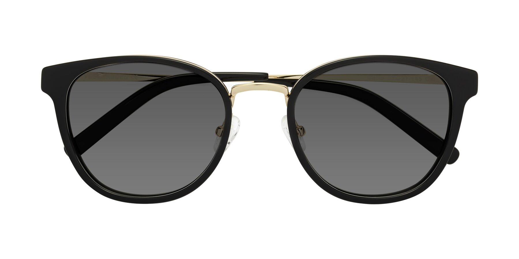 Folded Front of Callie in Black-Gold with Medium Gray Tinted Lenses