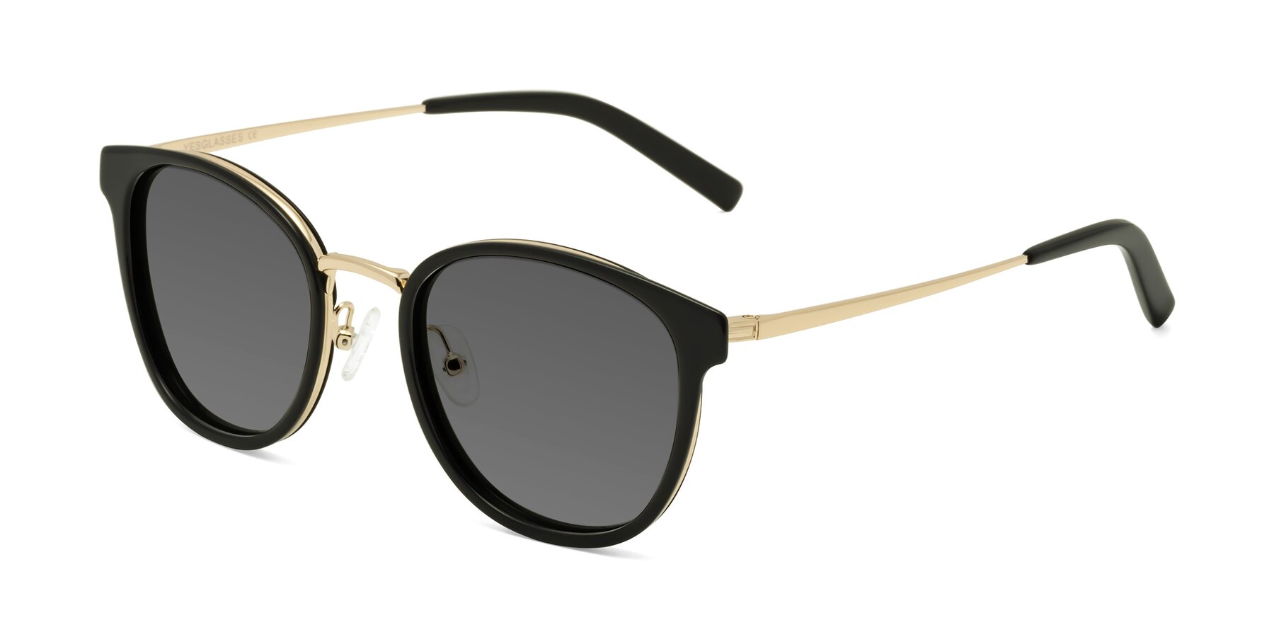 Angle of Callie in Black-Gold with Medium Gray Tinted Lenses