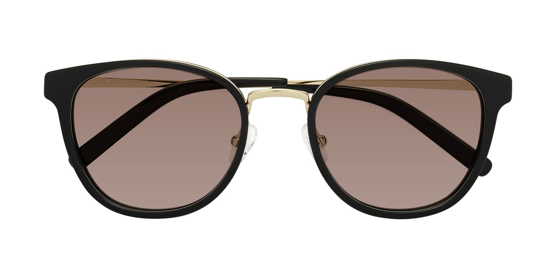 Folded Front of Callie in Black-Gold with Medium Brown Tinted Lenses