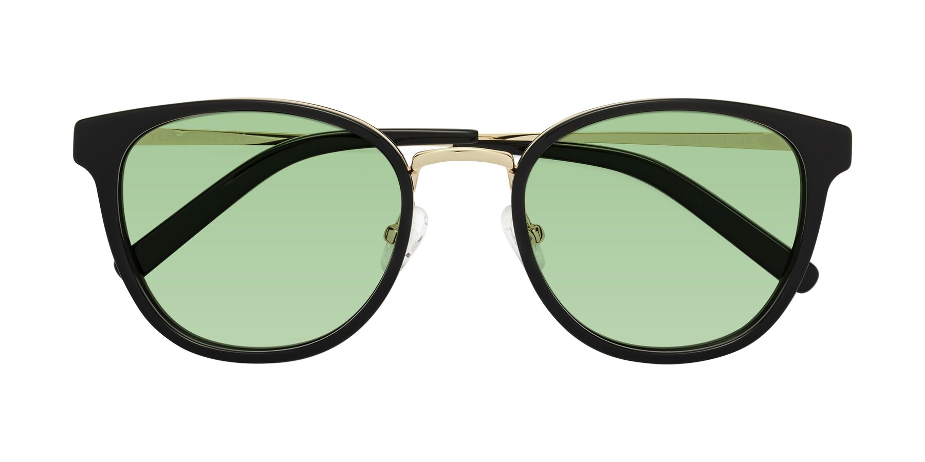 Folded Front of Callie in Black-Gold with Medium Green Tinted Lenses