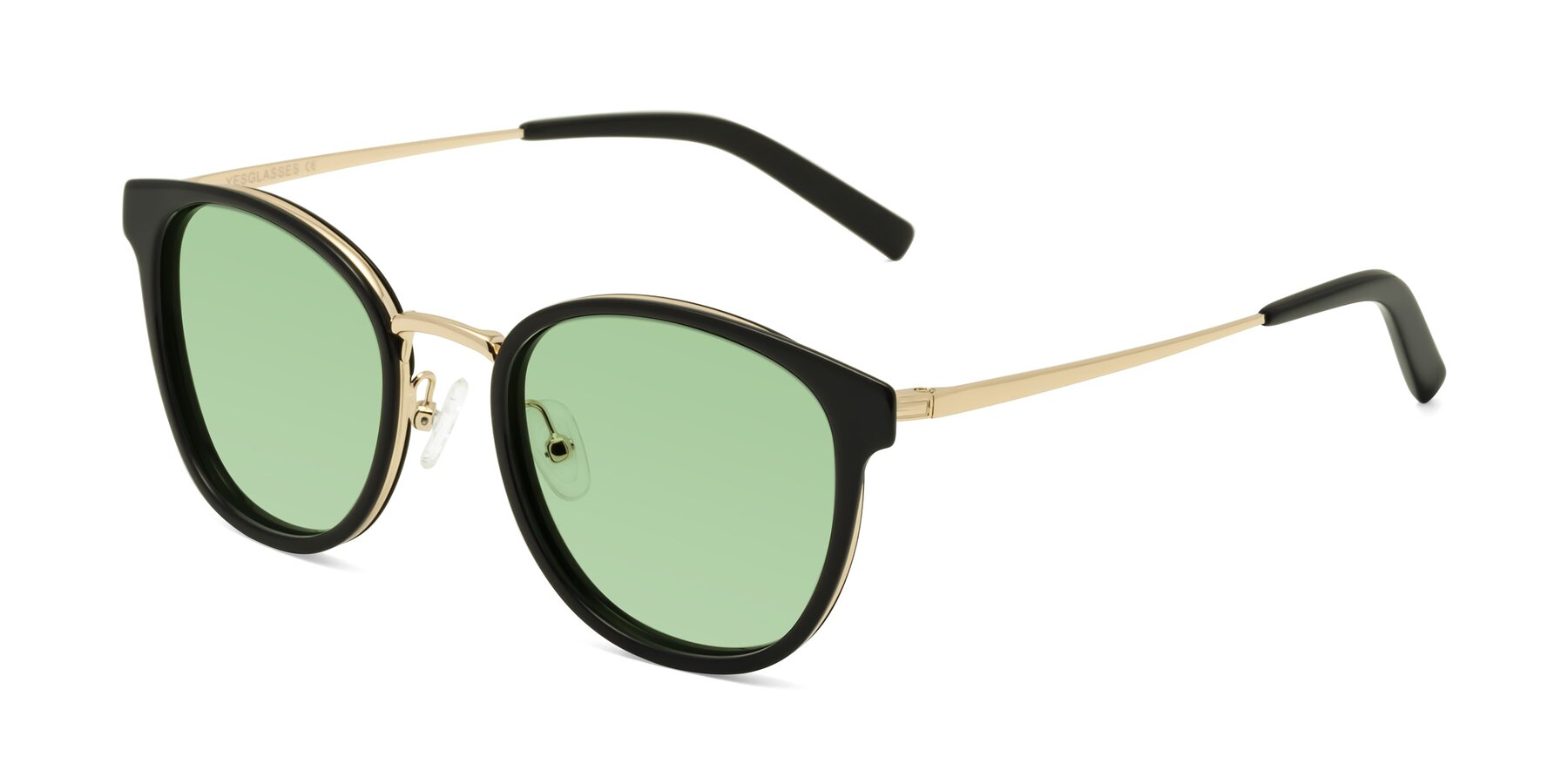 Angle of Callie in Black-Gold with Medium Green Tinted Lenses