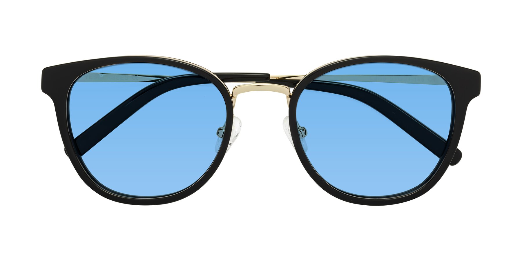 Folded Front of Callie in Black-Gold with Medium Blue Tinted Lenses