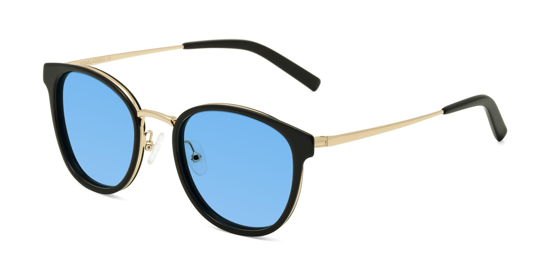 Angle of Callie in Black-Gold with Medium Blue Tinted Lenses