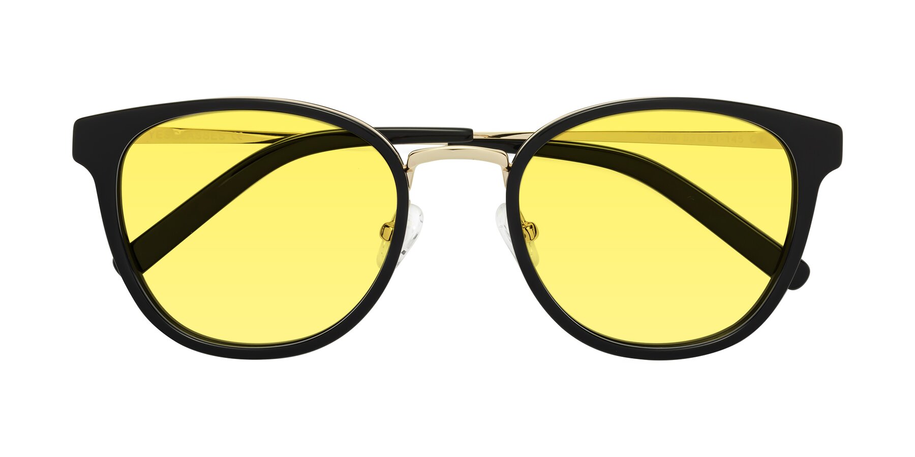 Folded Front of Callie in Black-Gold with Medium Yellow Tinted Lenses