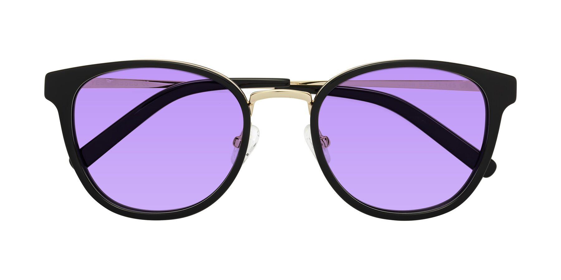 Folded Front of Callie in Black-Gold with Medium Purple Tinted Lenses