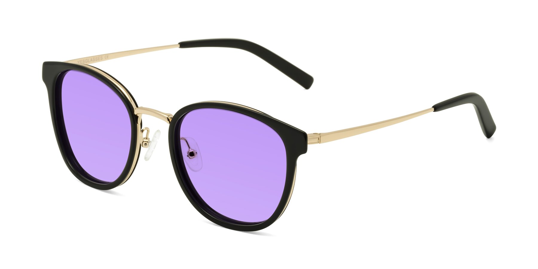 Angle of Callie in Black-Gold with Medium Purple Tinted Lenses