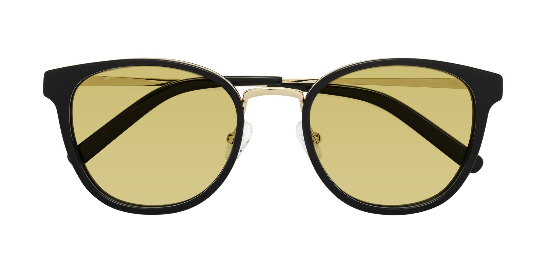 Folded Front of Callie in Black-Gold with Medium Champagne Tinted Lenses