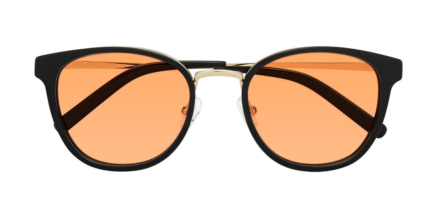 Folded Front of Callie in Black-Gold with Medium Orange Tinted Lenses