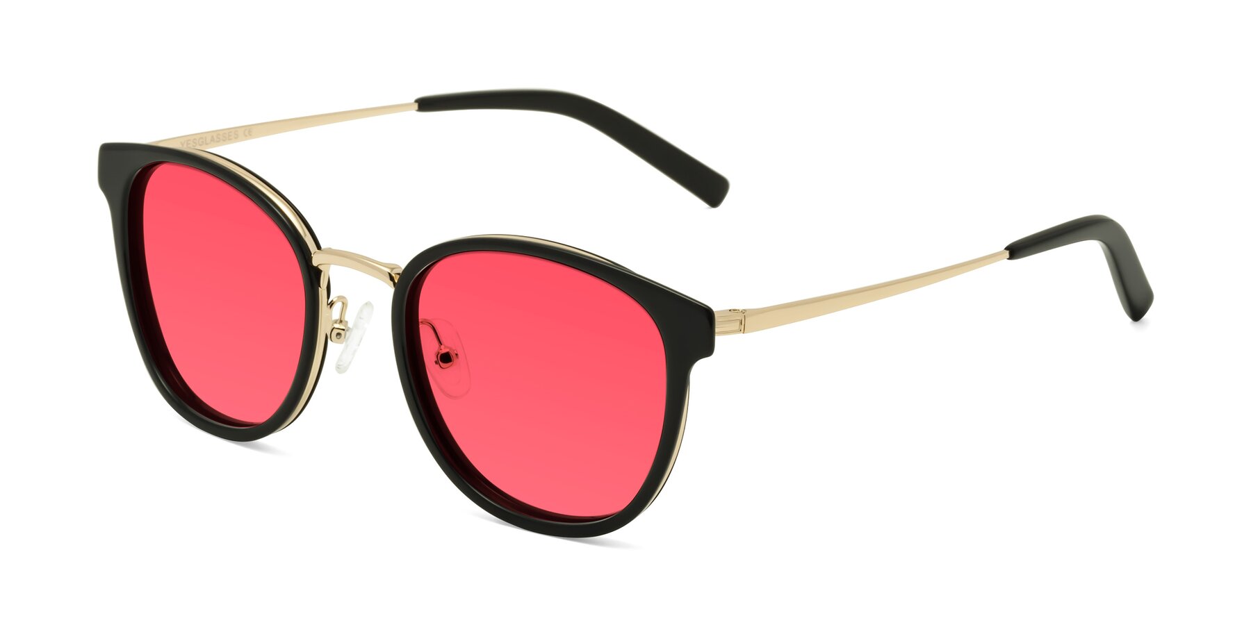 Angle of Callie in Black-Gold with Red Tinted Lenses