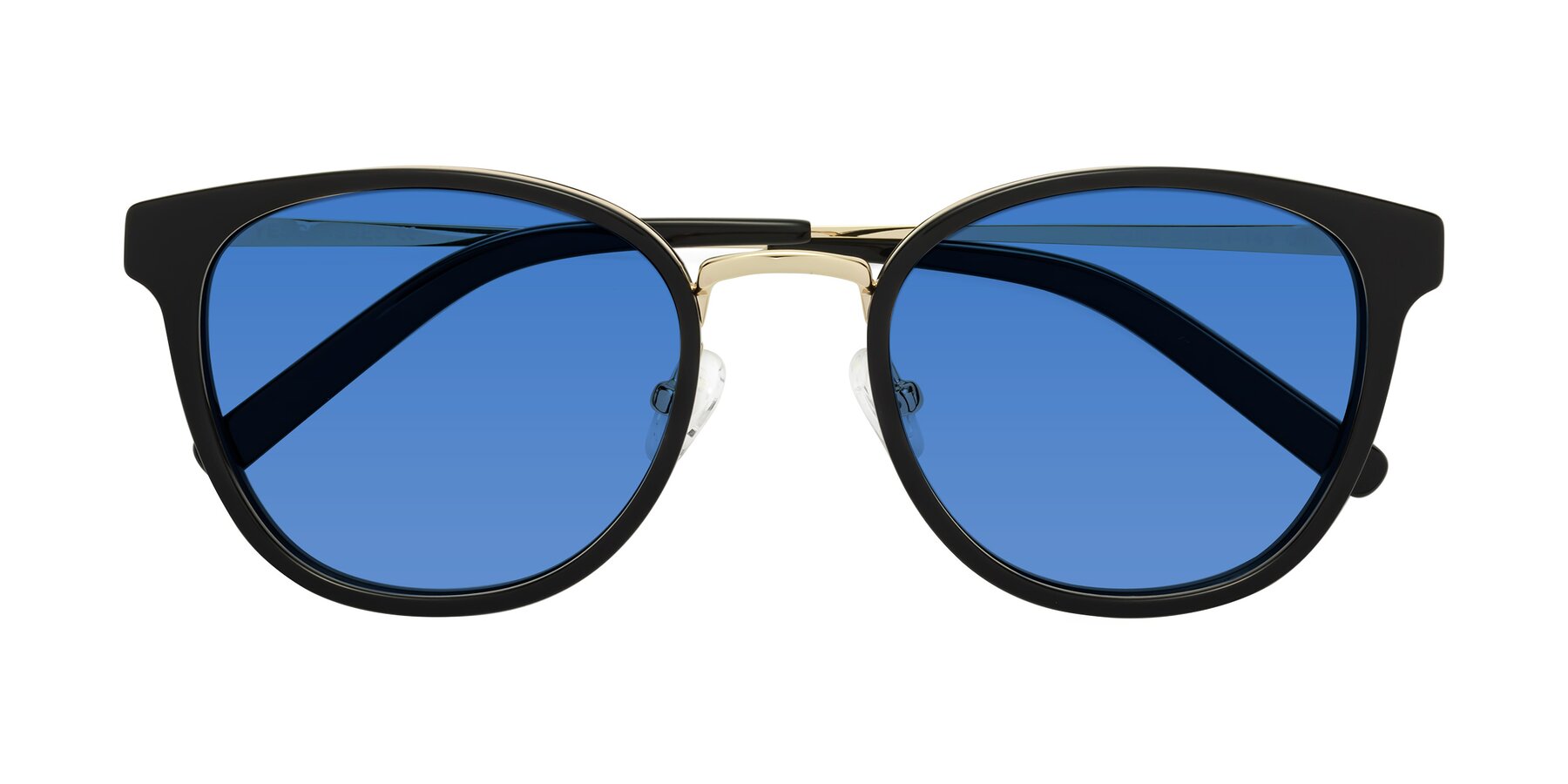 Folded Front of Callie in Black-Gold with Blue Tinted Lenses