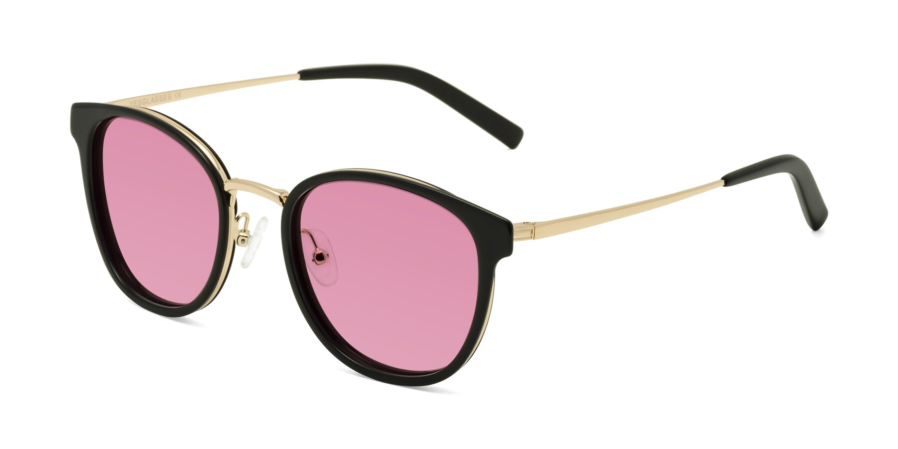 Angle of Callie in Black-Gold with Medium Wine Tinted Lenses