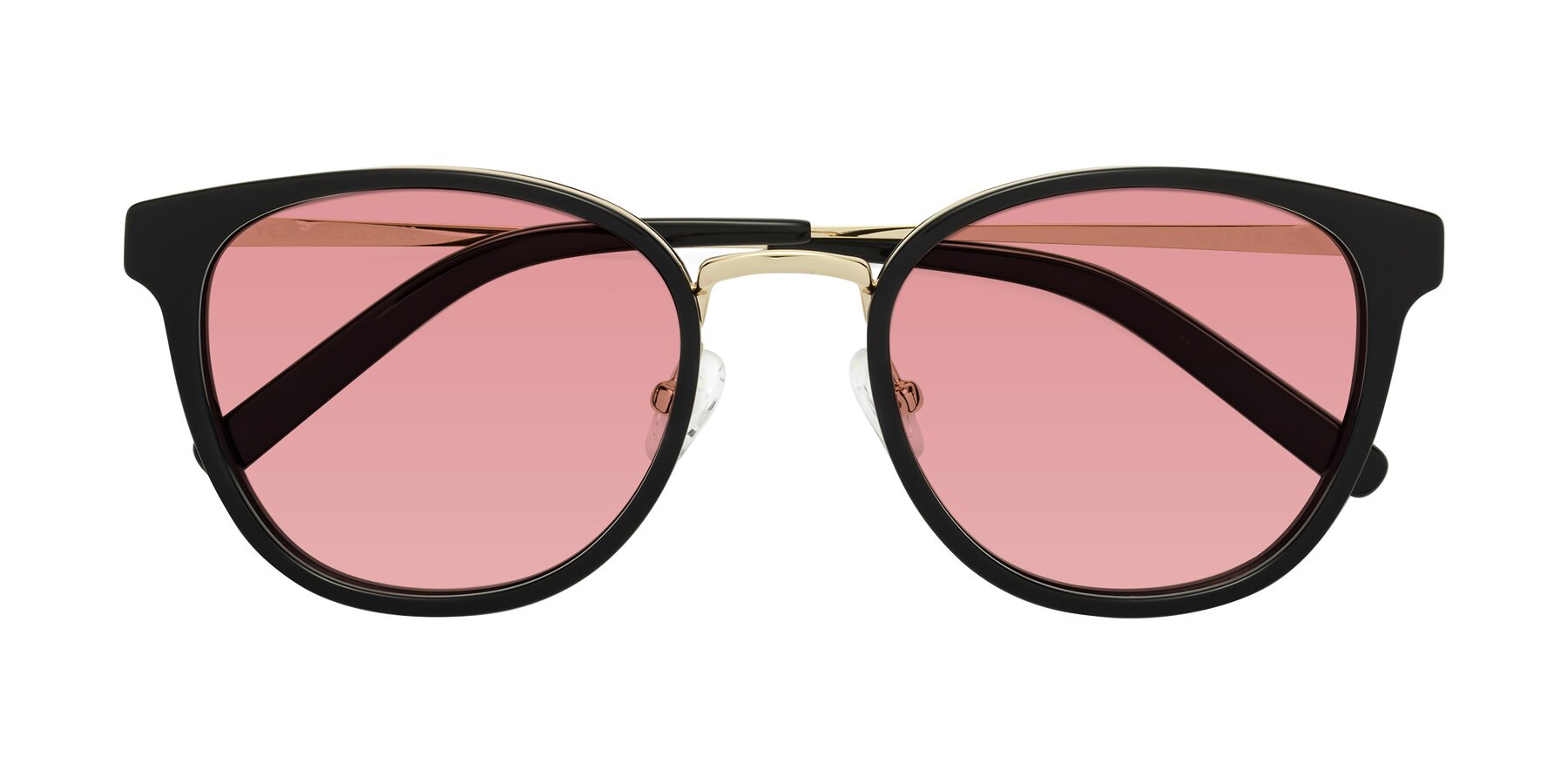 Folded Front of Callie in Black-Gold with Medium Garnet Tinted Lenses