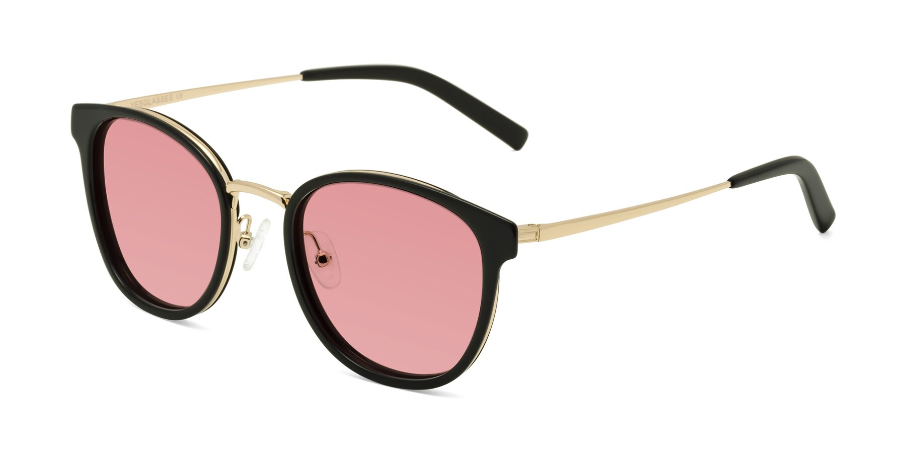 Angle of Callie in Black-Gold with Medium Garnet Tinted Lenses