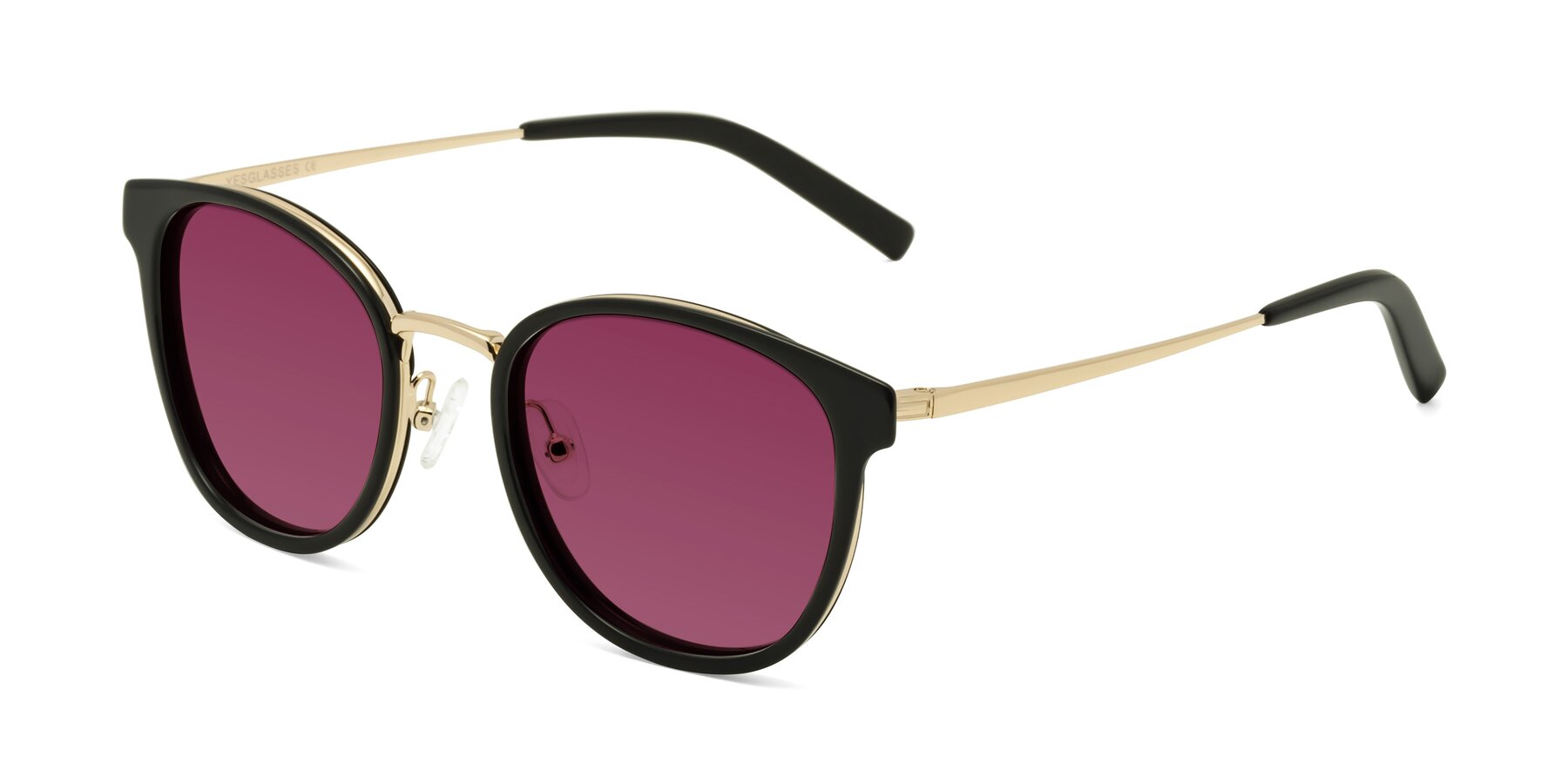 Angle of Callie in Black-Gold with Wine Tinted Lenses