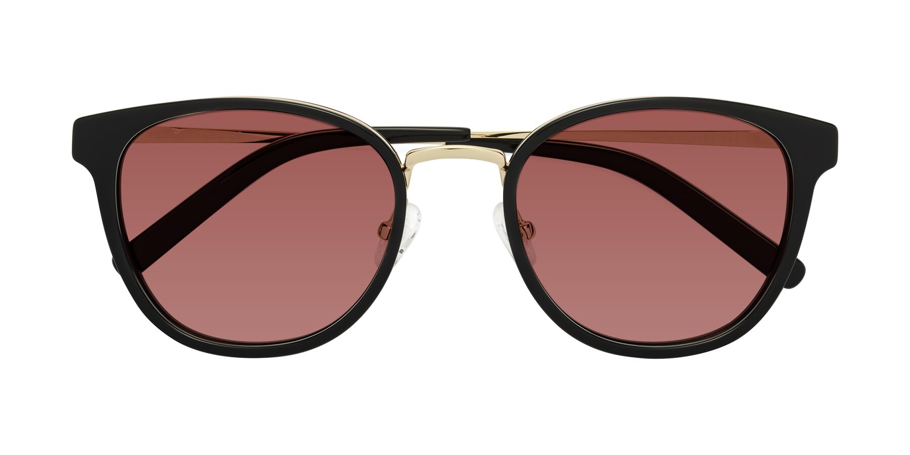 Folded Front of Callie in Black-Gold with Garnet Tinted Lenses