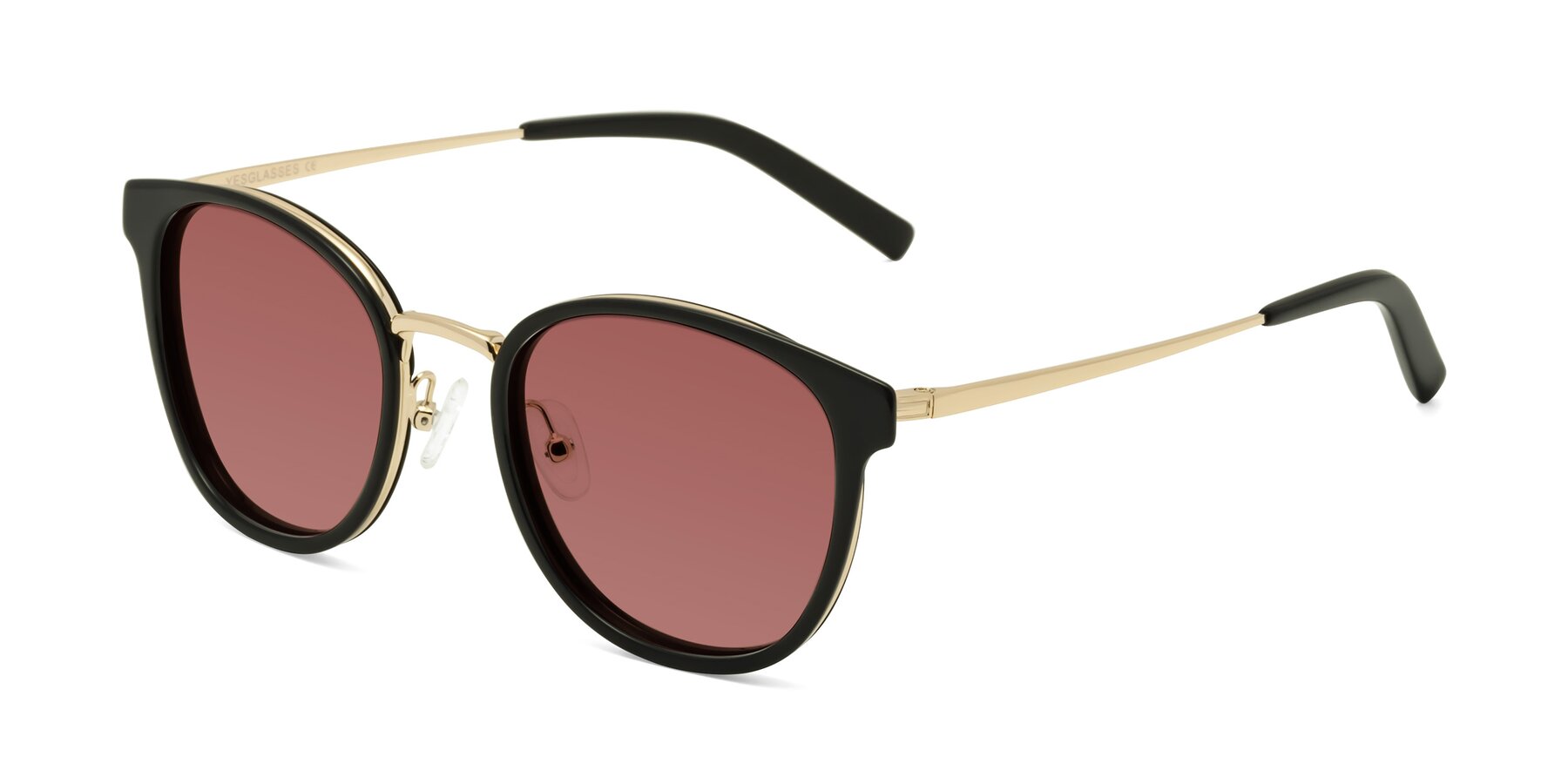 Angle of Callie in Black-Gold with Garnet Tinted Lenses