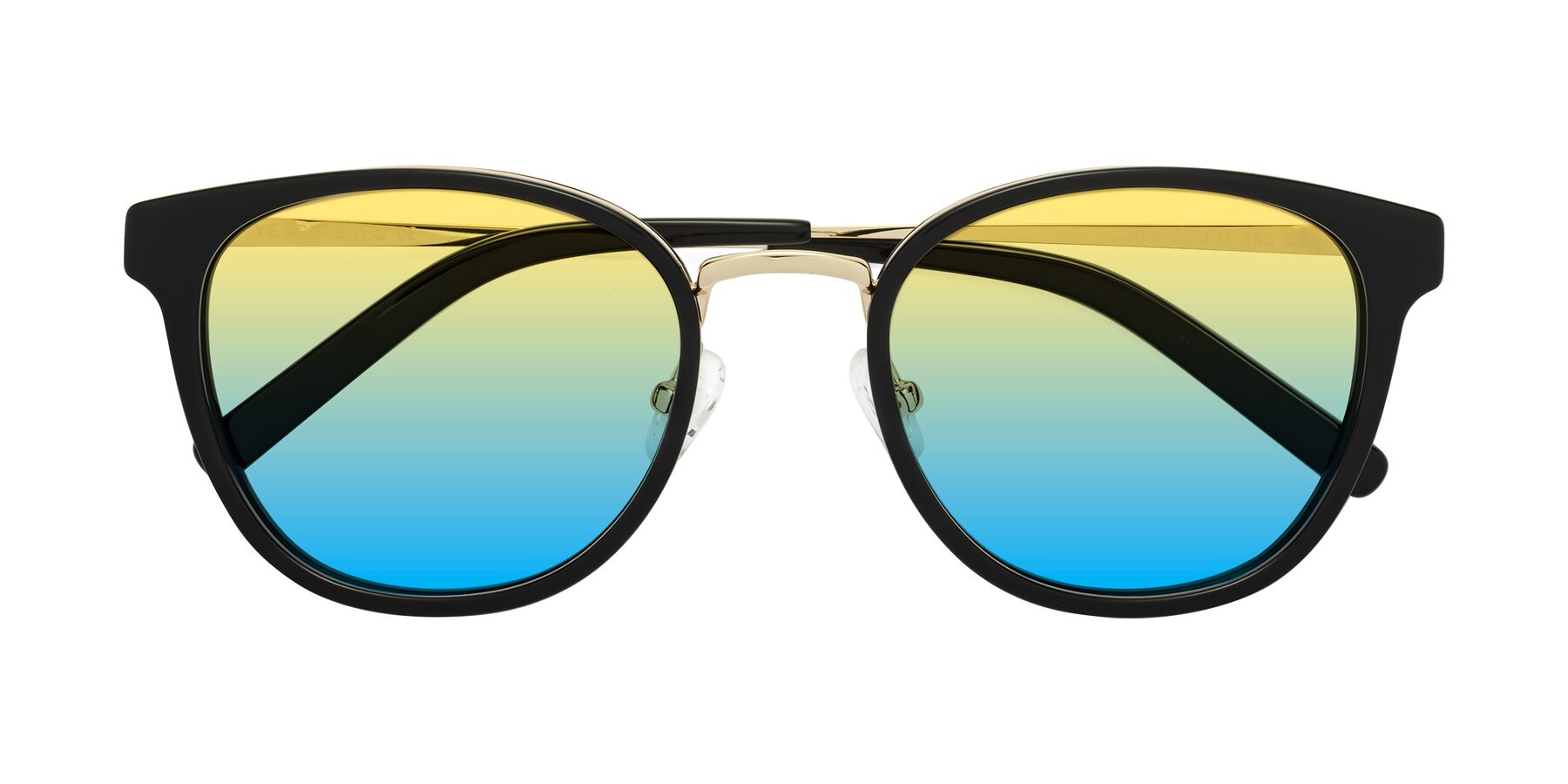 Folded Front of Callie in Black-Gold with Yellow / Blue Gradient Lenses