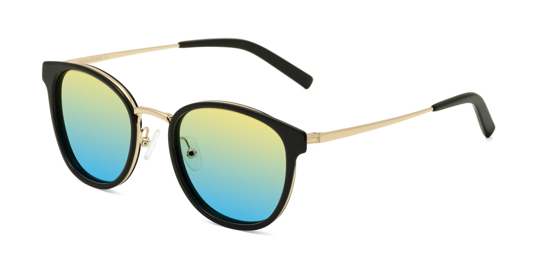 Angle of Callie in Black-Gold with Yellow / Blue Gradient Lenses