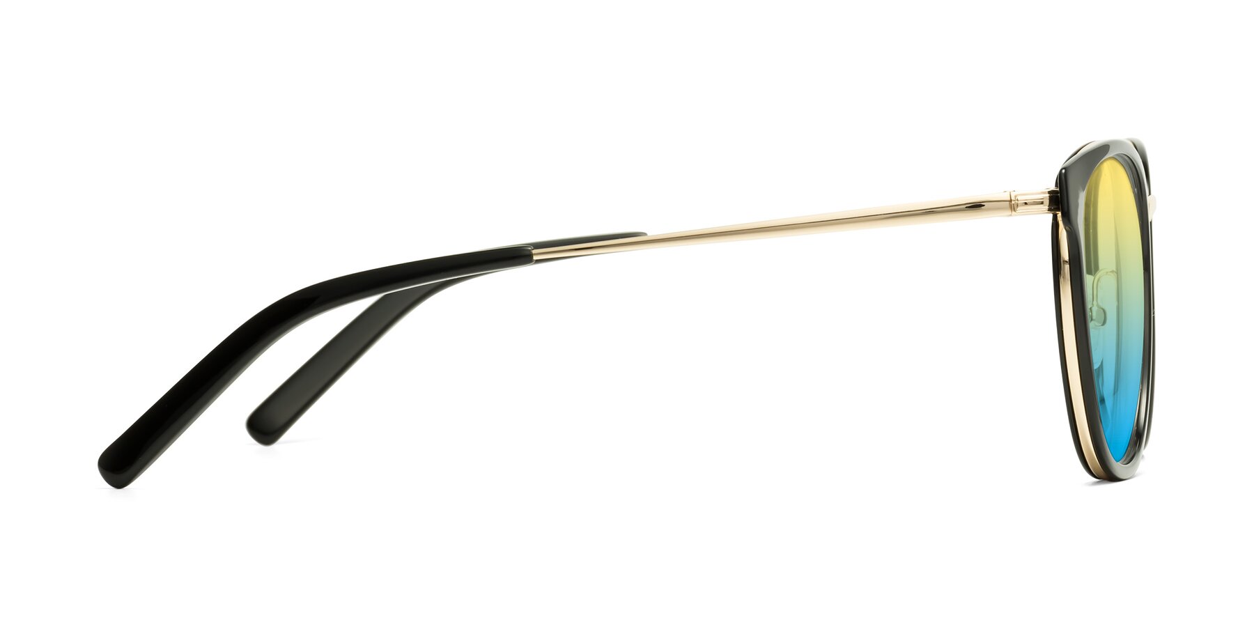 Side of Callie in Black-Gold with Yellow / Blue Gradient Lenses