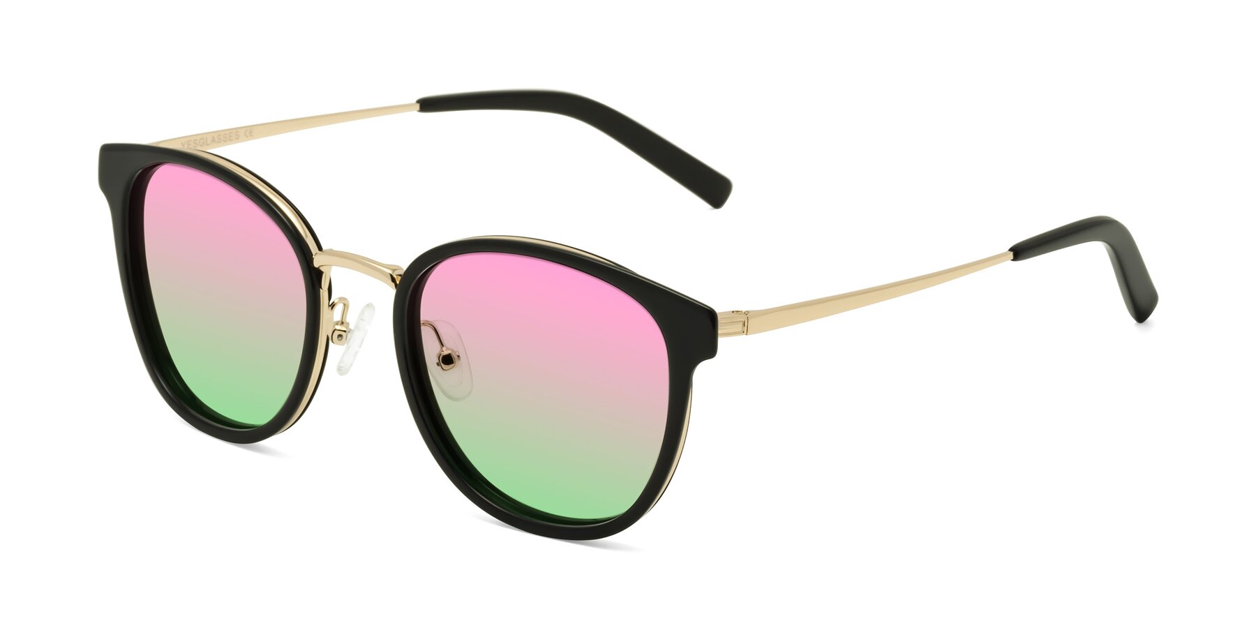 Angle of Callie in Black-Gold with Pink / Green Gradient Lenses