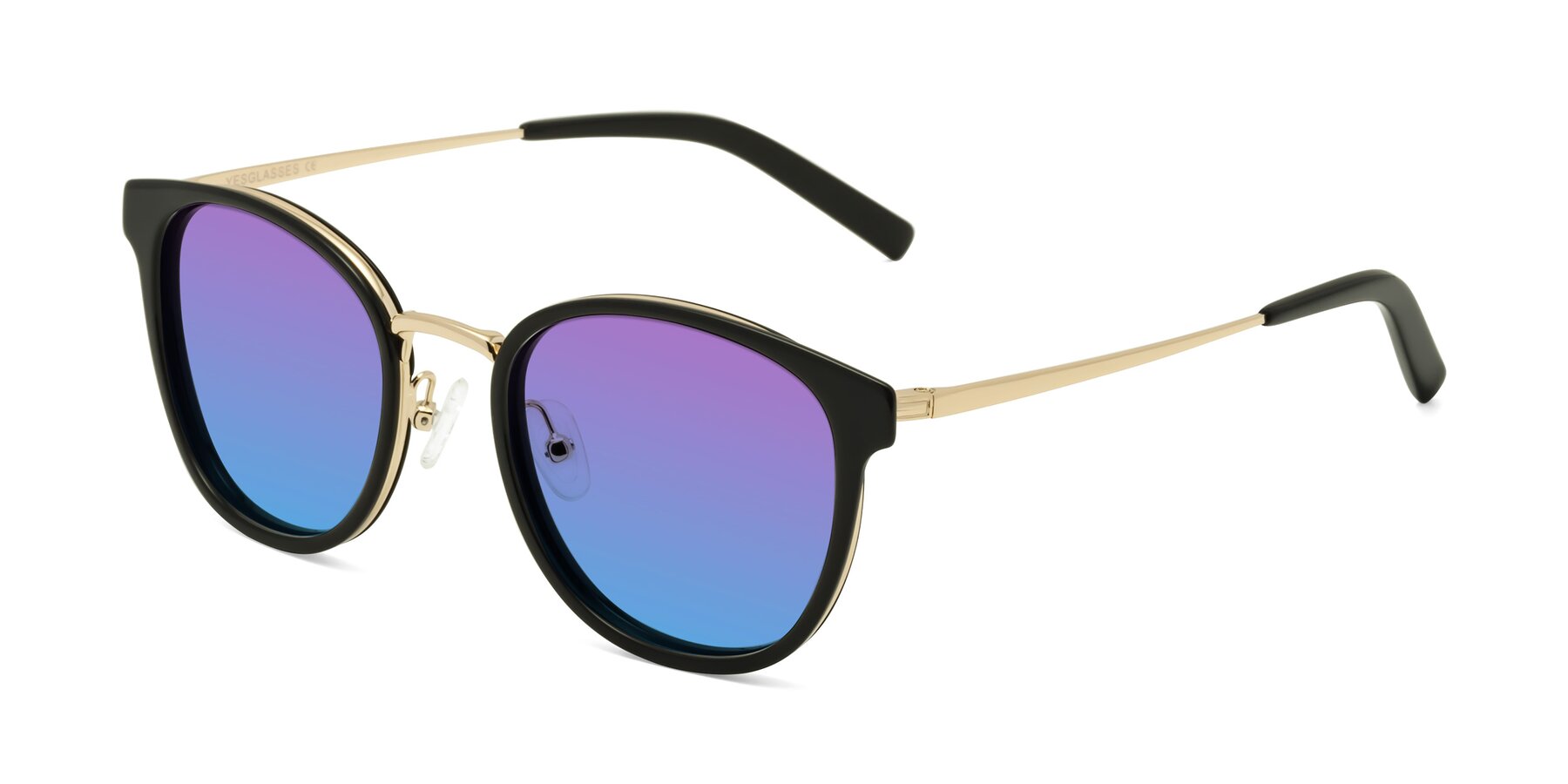 Angle of Callie in Black-Gold with Purple / Blue Gradient Lenses