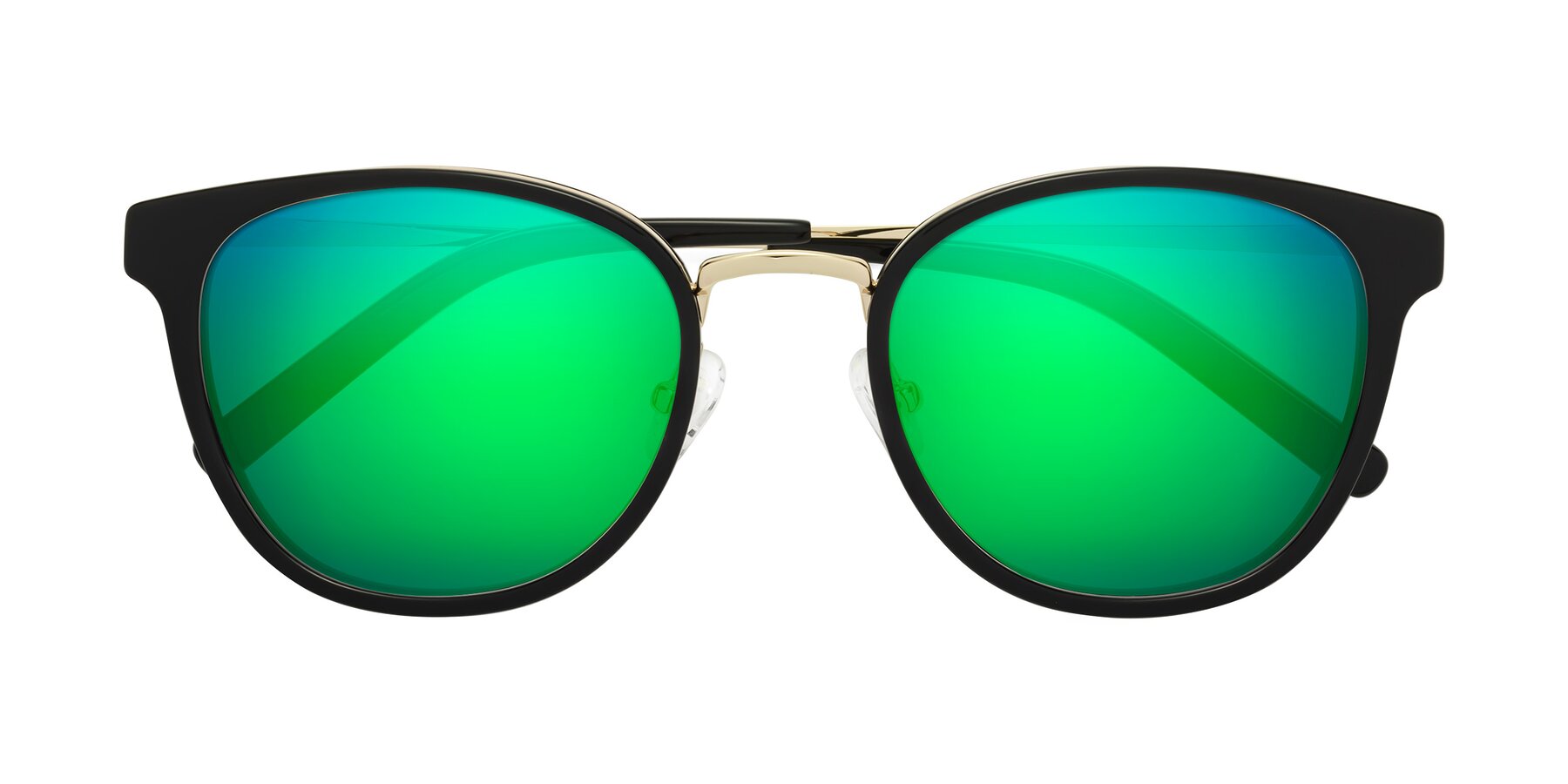 Folded Front of Callie in Black-Gold with Green Mirrored Lenses