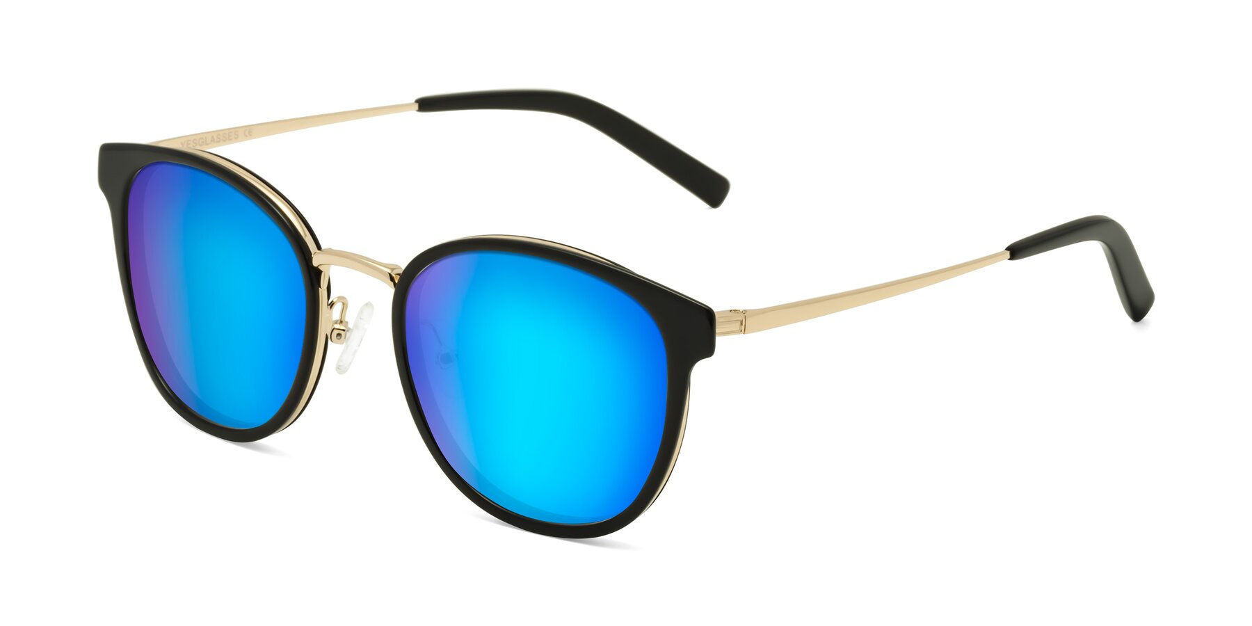 Angle of Callie in Black-Gold with Blue Mirrored Lenses