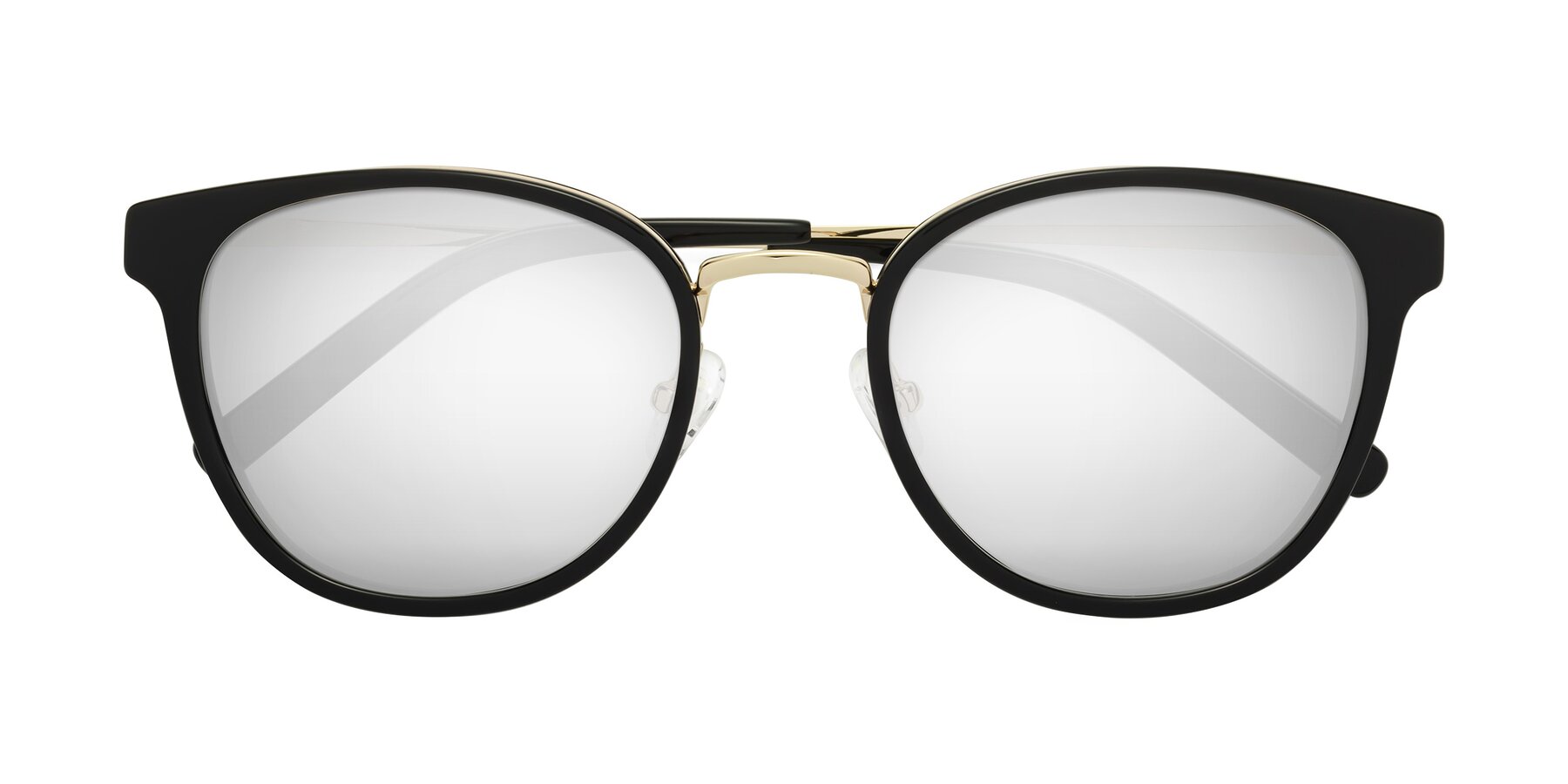 Folded Front of Callie in Black-Gold with Silver Mirrored Lenses