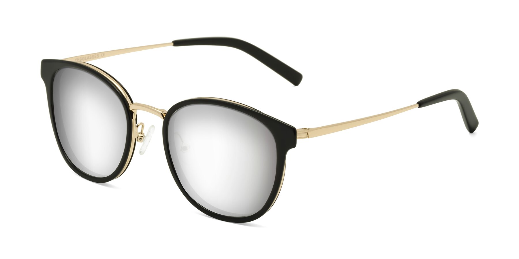 Angle of Callie in Black-Gold with Silver Mirrored Lenses