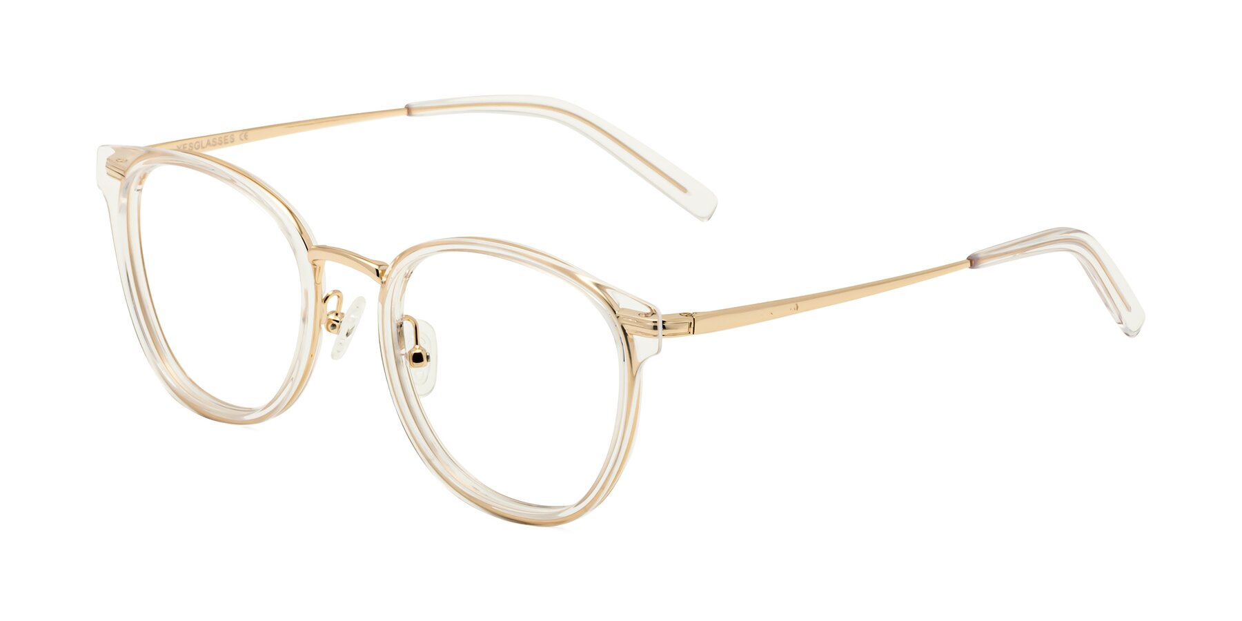 Angle of Callie in Clear-Gold with Clear Reading Eyeglass Lenses