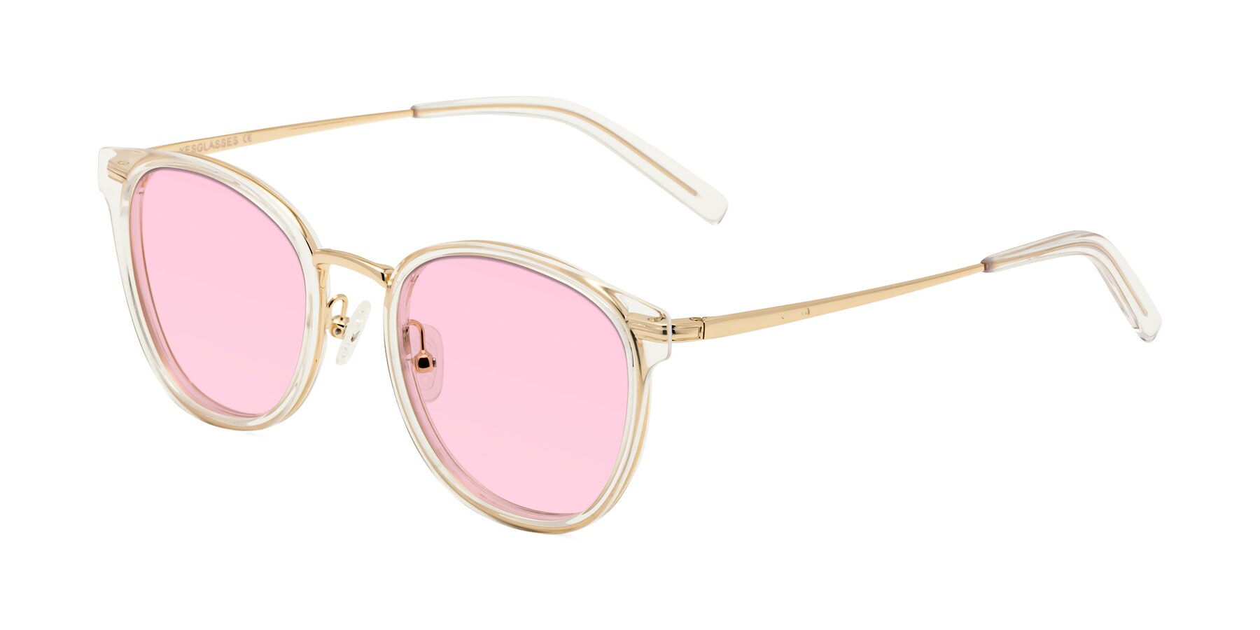 Angle of Callie in Clear-Gold with Light Pink Tinted Lenses