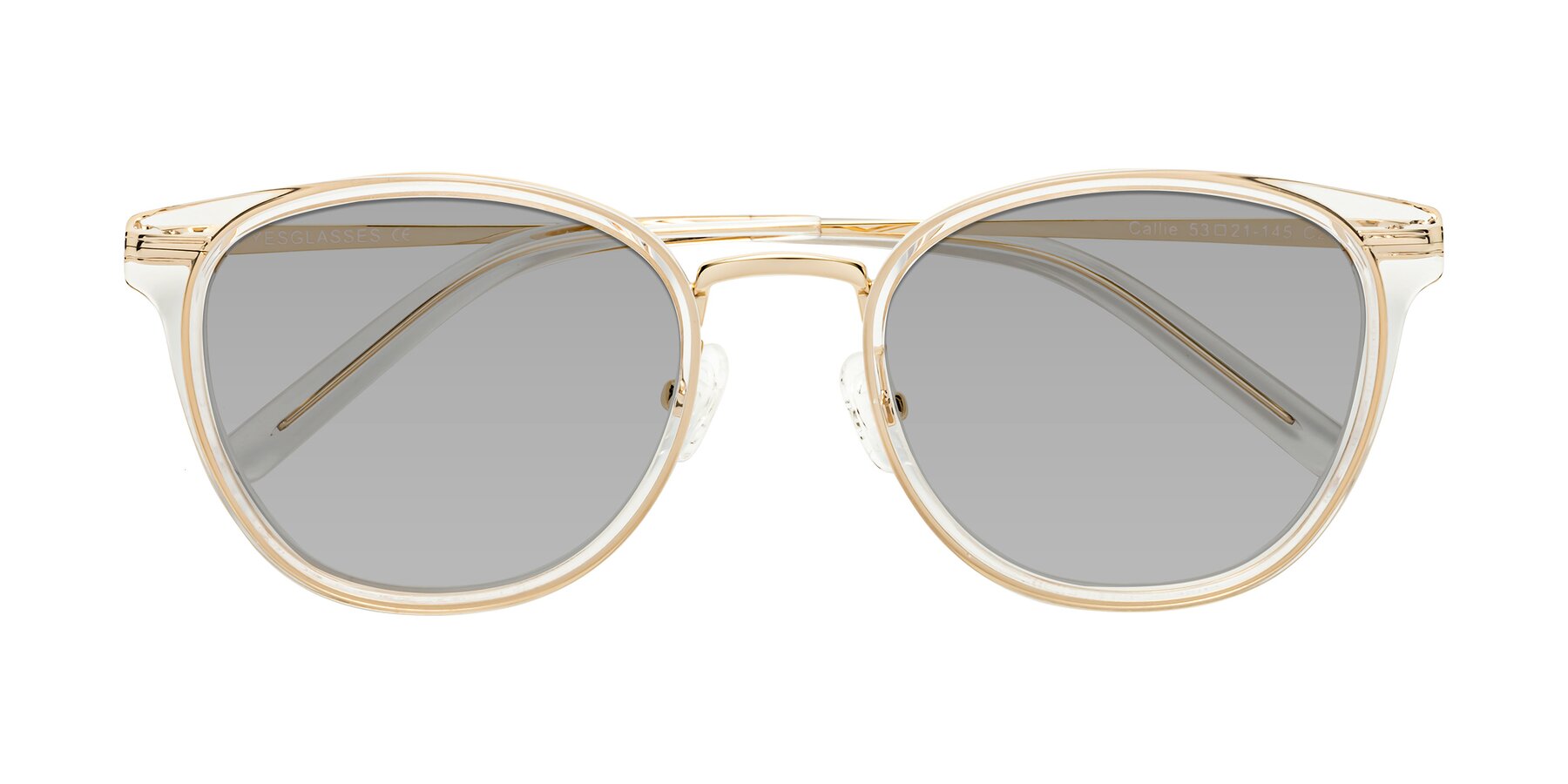 Folded Front of Callie in Clear-Gold with Light Gray Tinted Lenses