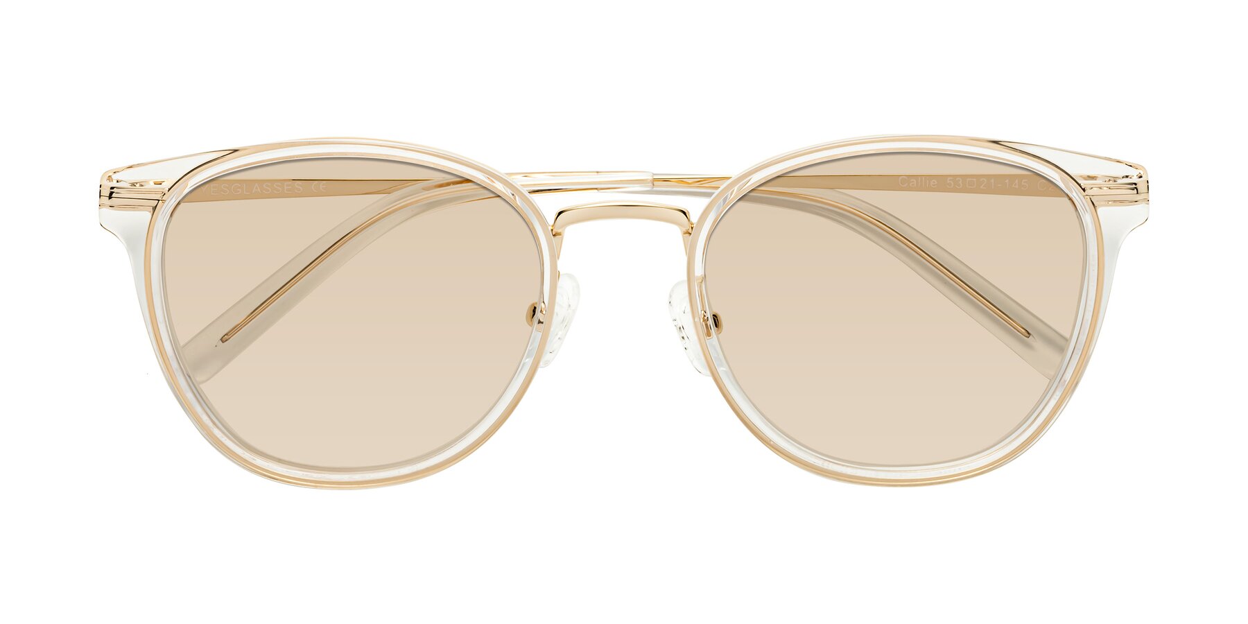 Folded Front of Callie in Clear-Gold with Light Brown Tinted Lenses