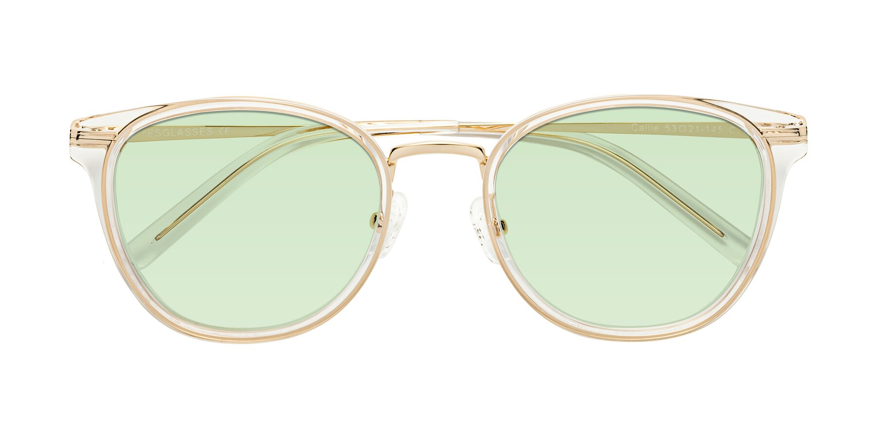 Folded Front of Callie in Clear-Gold with Light Green Tinted Lenses