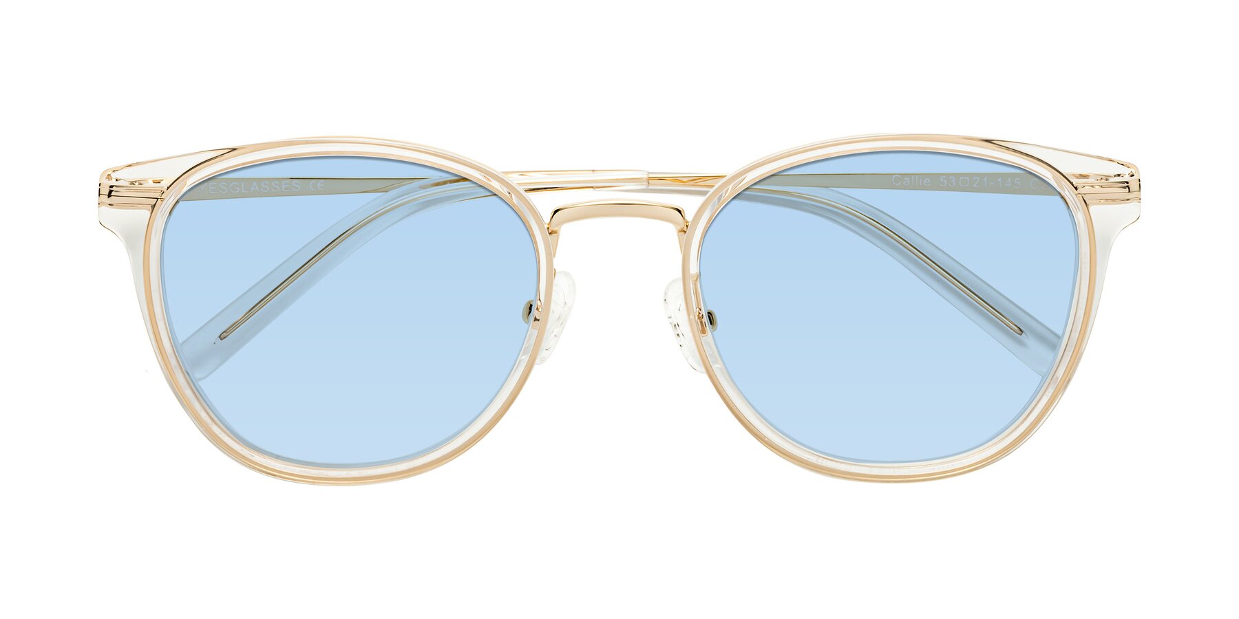 Folded Front of Callie in Clear-Gold with Light Blue Tinted Lenses