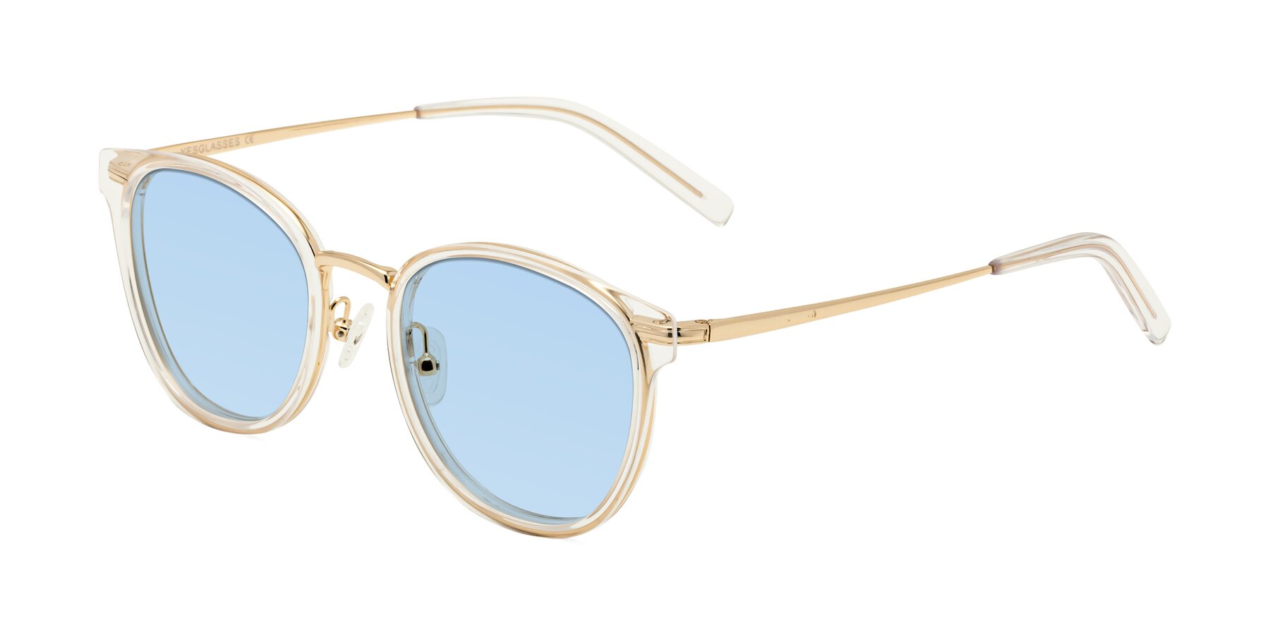 Angle of Callie in Clear-Gold with Light Blue Tinted Lenses