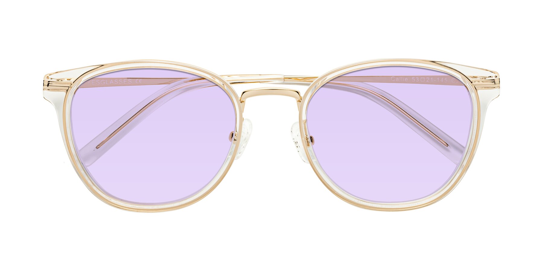 Folded Front of Callie in Clear-Gold with Light Purple Tinted Lenses