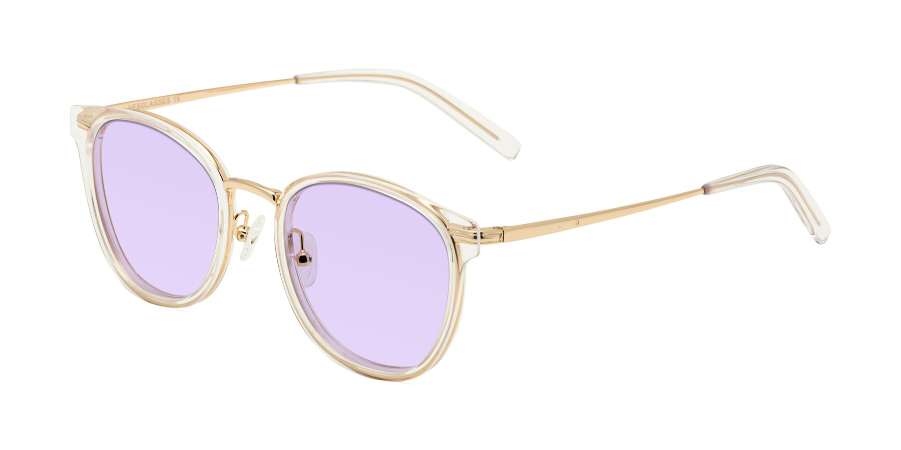 Angle of Callie in Clear-Gold with Light Purple Tinted Lenses