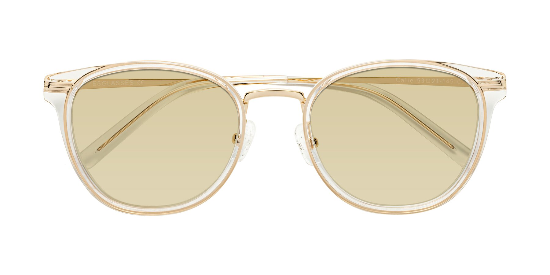 Folded Front of Callie in Clear-Gold with Light Champagne Tinted Lenses