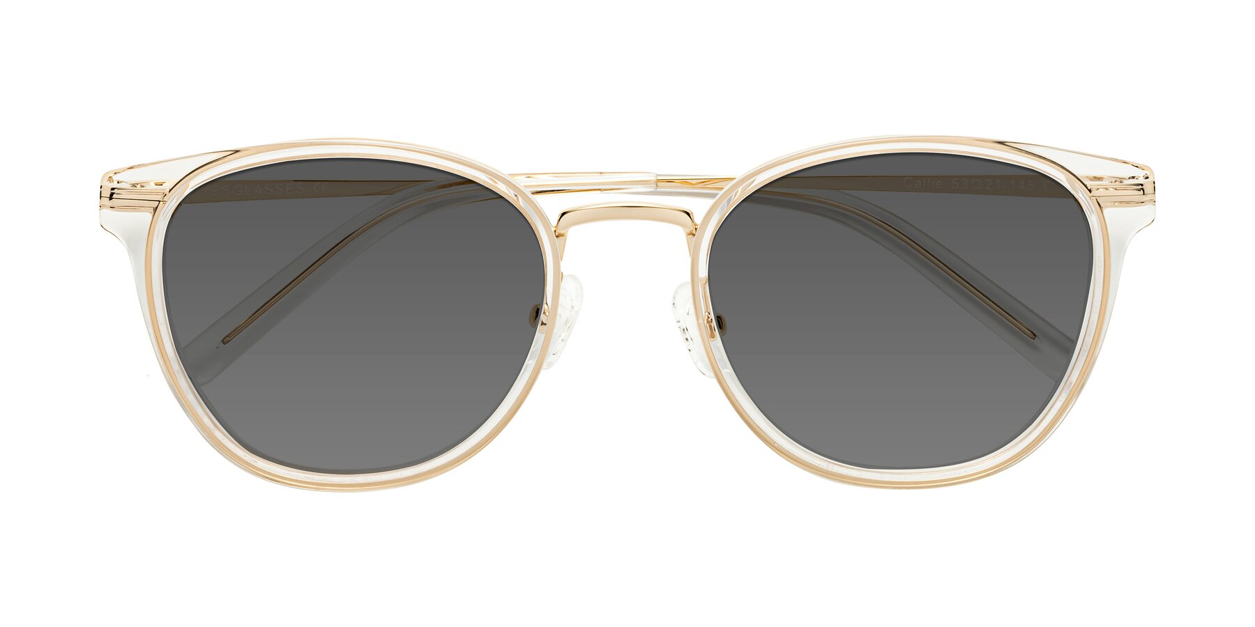 Folded Front of Callie in Clear-Gold with Medium Gray Tinted Lenses