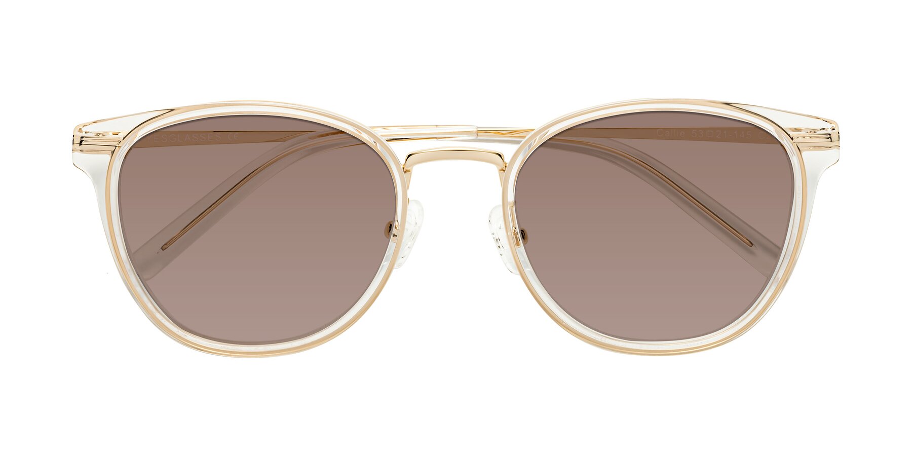 Folded Front of Callie in Clear-Gold with Medium Brown Tinted Lenses