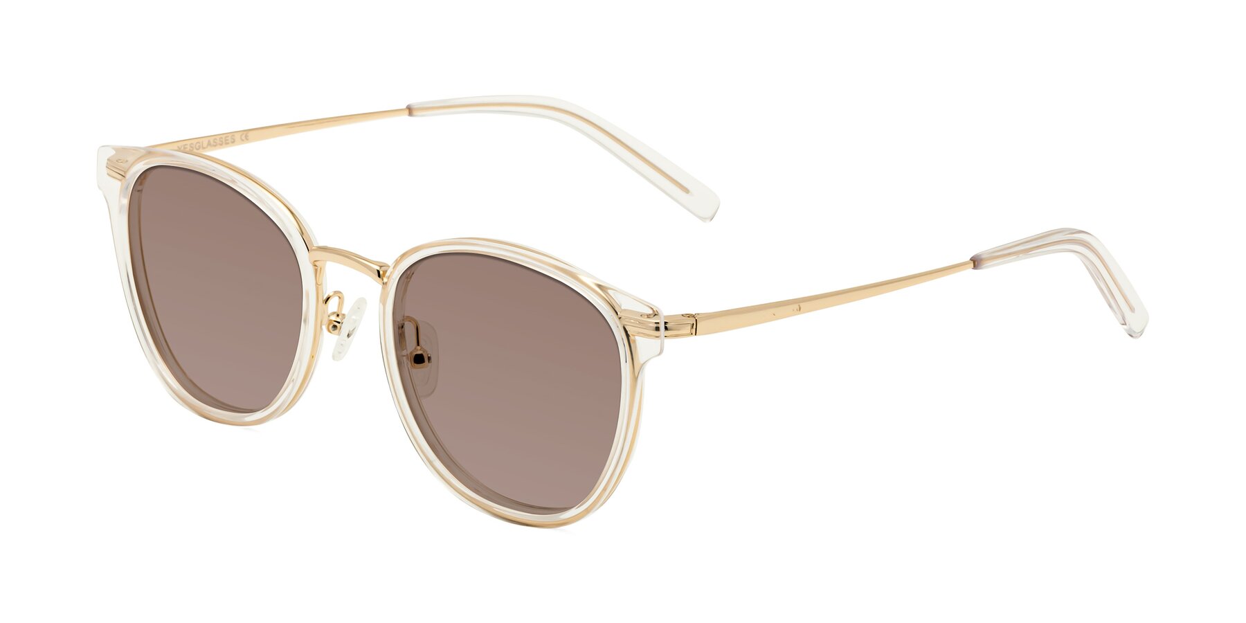 Angle of Callie in Clear-Gold with Medium Brown Tinted Lenses